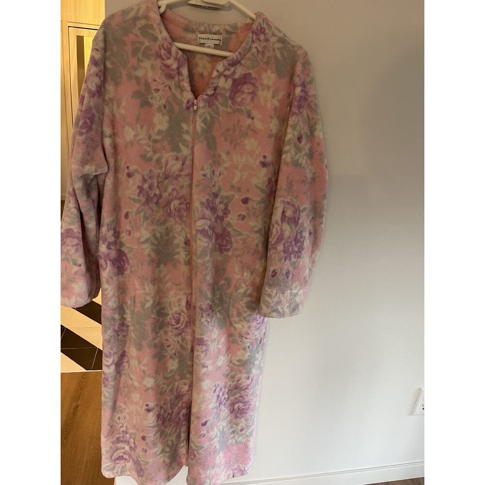 Miss Elaine XL Fleece Robe Long Zipper Front Pink Floral Plush Cozy Cuddly Warm